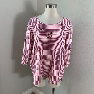 Quacker Factory Womens Plus 2X Red White Striped Ladybug Embroidered Top Shirt